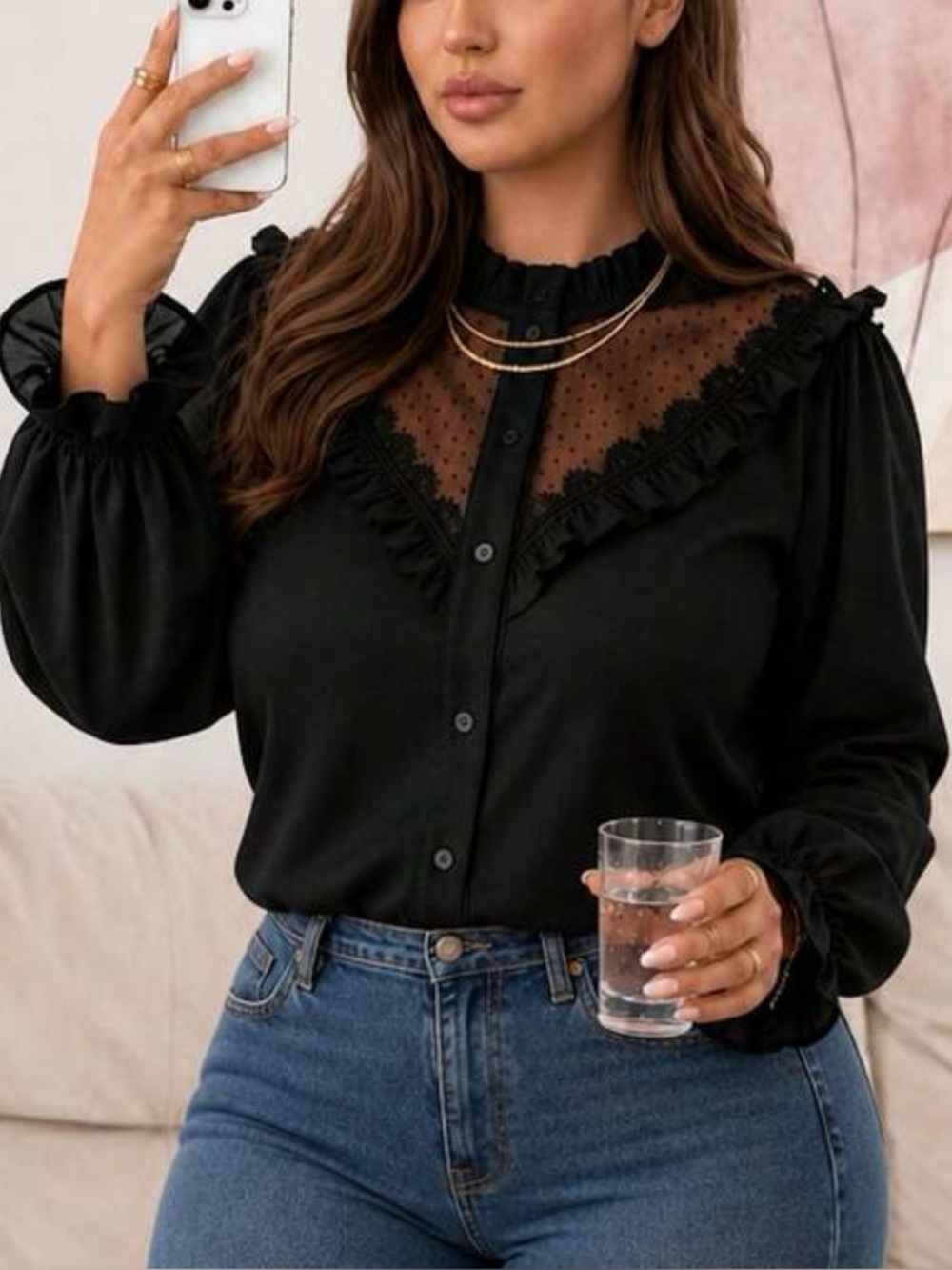 Black Sheer Yoke Ruffle Button-Up Top